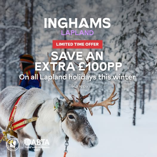 Dreaming of snow this winter? Now’s the perfect time to book your adventure! 🏔️✨
Save an extra £100 per person on selected Inghams Ski, Inghams Lapland Adventures and Inghams Santa Breaks package holidays.
🎿 Valid for new bookings made from August 2026
📅 Travel dates: 1 November 2026 – 30 April 2027
✈️ Packages include flights from the UK, resort transfers & accommodation
🏡 Minimum 3 nights stay