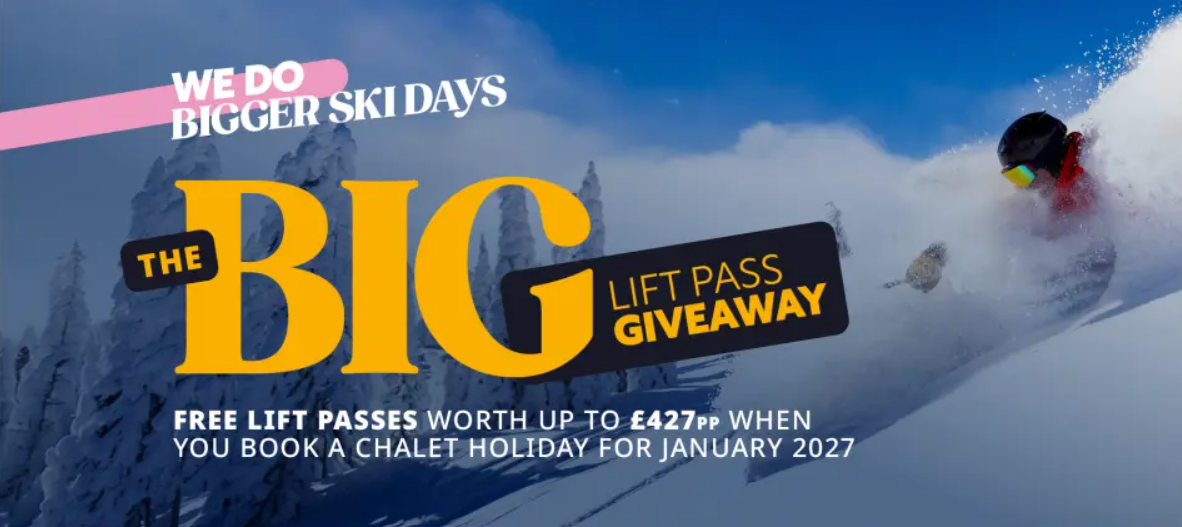 January is a great time to head to the Alps, and we’re making it even better. Book a qualifying Skiworld chalet holiday for any January 2027 departure and we’ll include your lift pass as part of our BIG Lift Pass Giveaway. We’ve picked some of our favourite snow-sure chalet resorts, so you can spend your week skiing some of the Alps’ best terrain, with one less thing to add to the holiday budget.
January also means fewer people on the slopes once the Christmas holidays are over, making it a great time to get back on your skis or spend more time exploring the mountain. Snow-sure skiing, great chalets and your lift pass included. The BIG Lift Pass Giveaway runs across selected chalet holidays throughout January 2027. Choose your resort, pick your chalet and get ready for a week in the mountains, your lift pass is on us.
The offer applies to selected catered chalet holidays with charter flights, for holidays in January 2027 only.